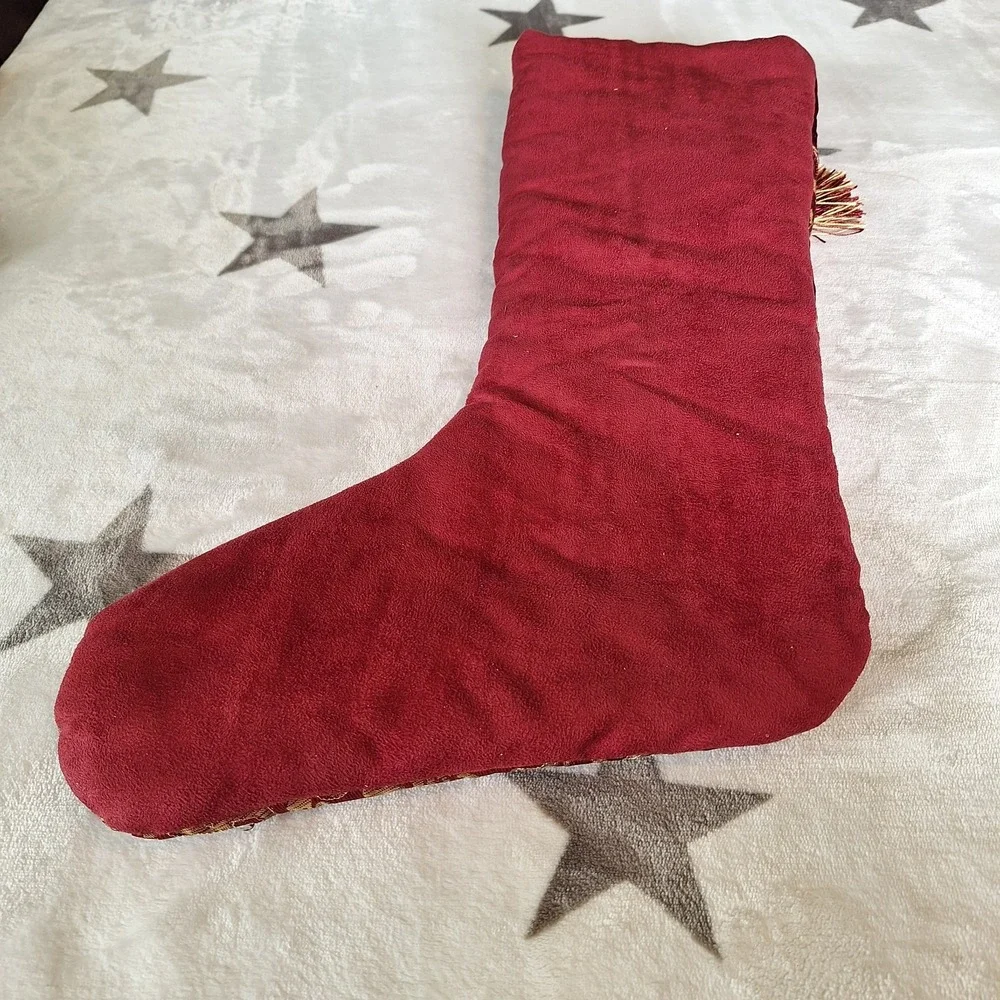 Red Velvet Christmas Stocking Gold Floral Brocade Tassel Beaded Features